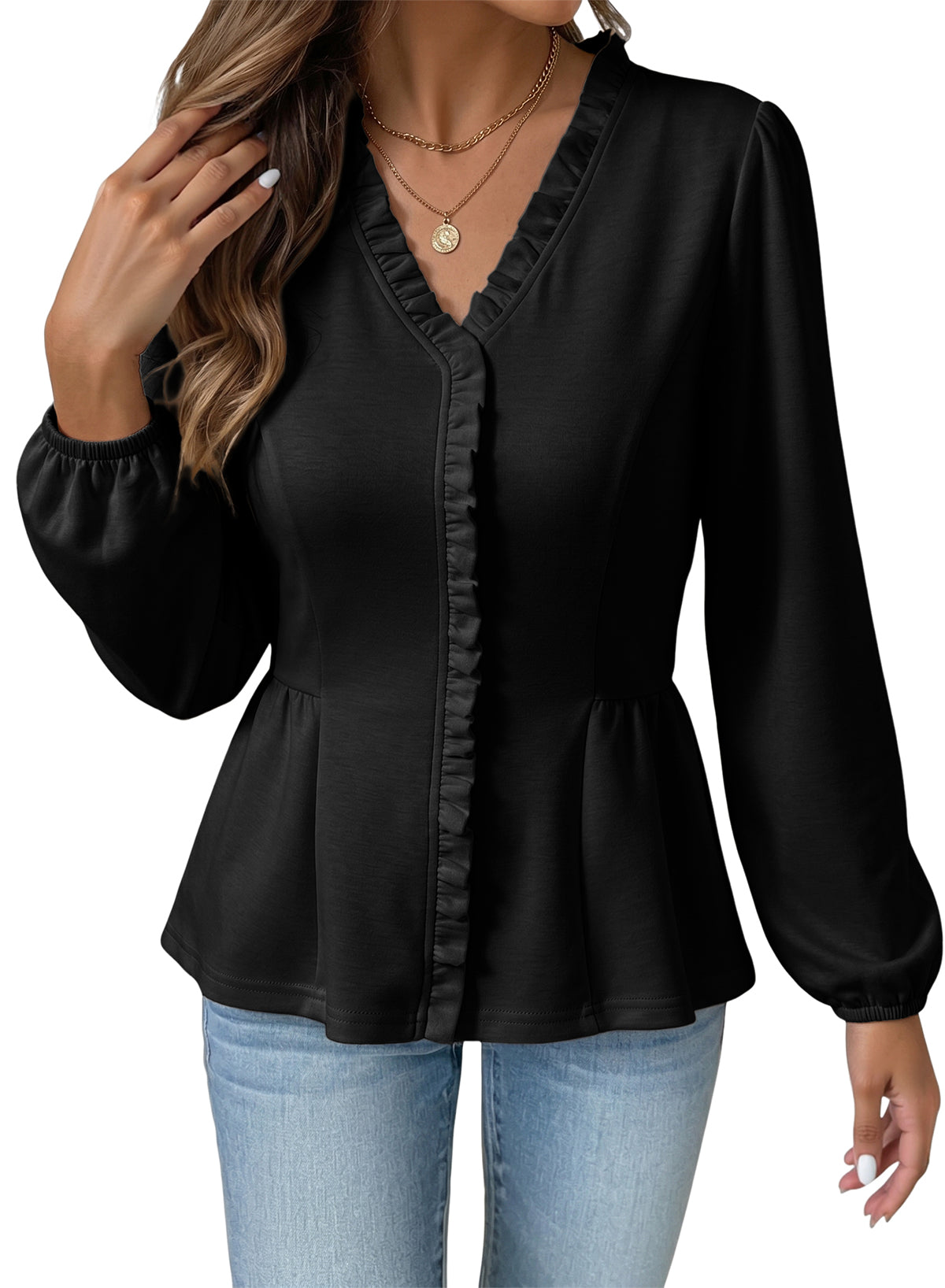 Womens Tops Ruffle Trim V Neck Peplum Babydoll Long Sleeve Shirts