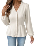 Womens Tops Ruffle Trim V Neck Peplum Babydoll Long Sleeve Shirts