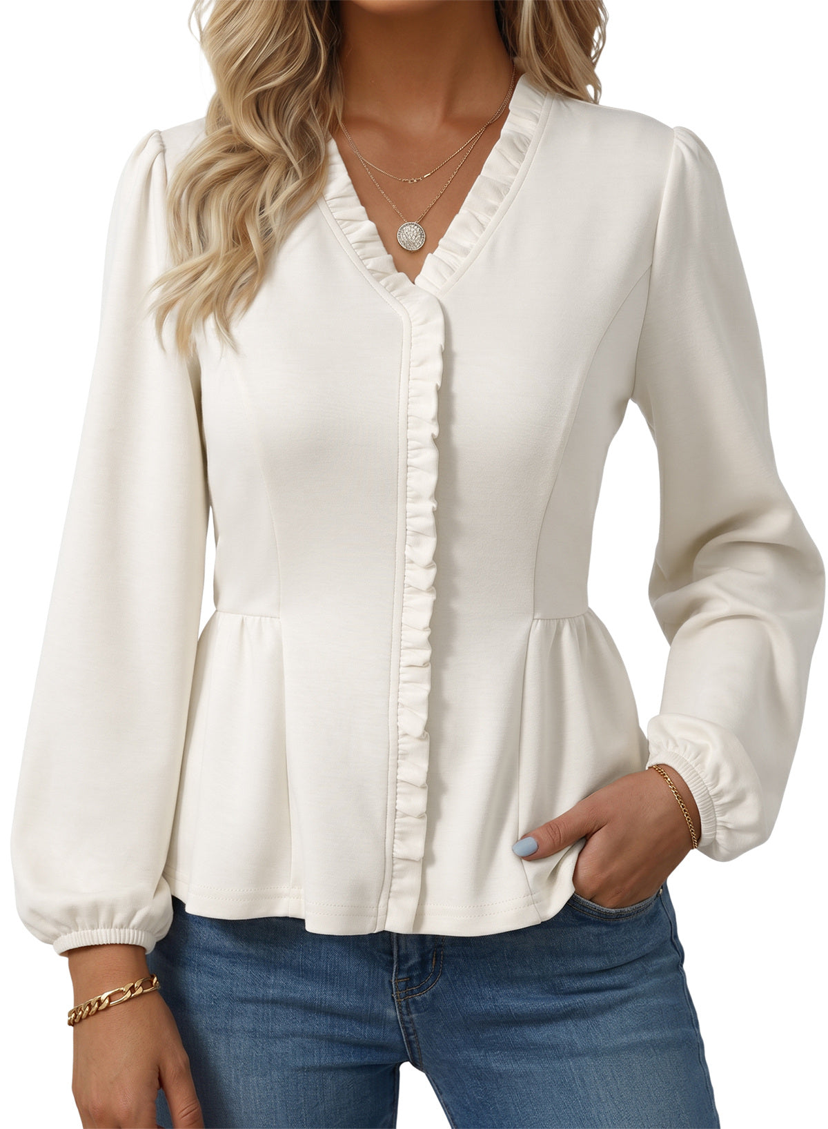 Womens Tops Ruffle Trim V Neck Peplum Babydoll Long Sleeve Shirts