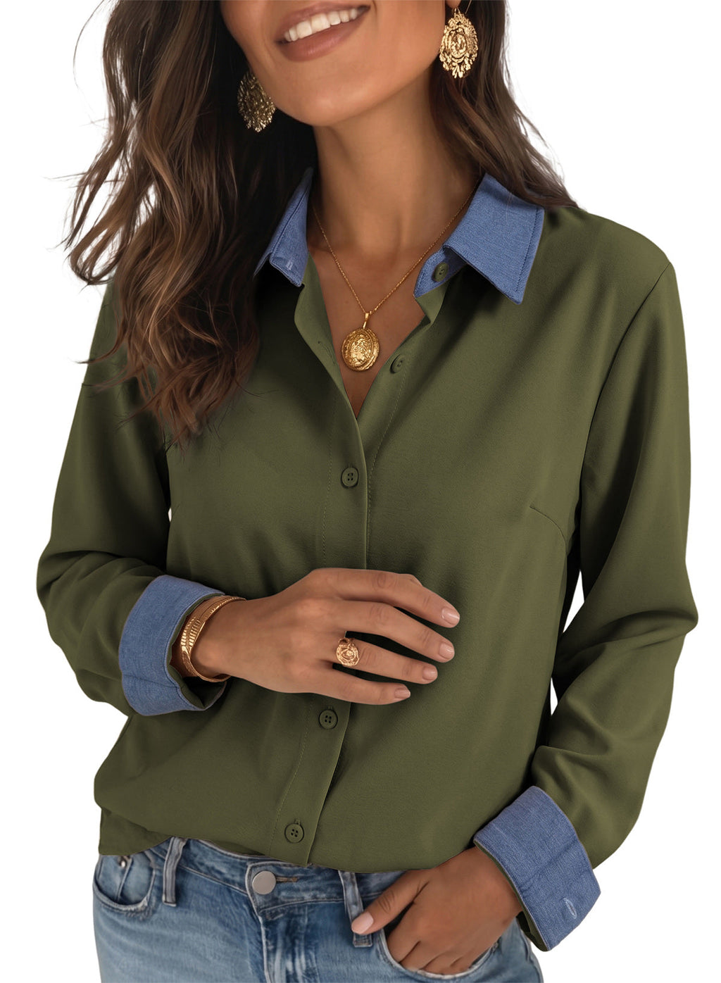 Dokotoo Button Down Shirts for Women Long Sleeve Denim Patchwork Tops