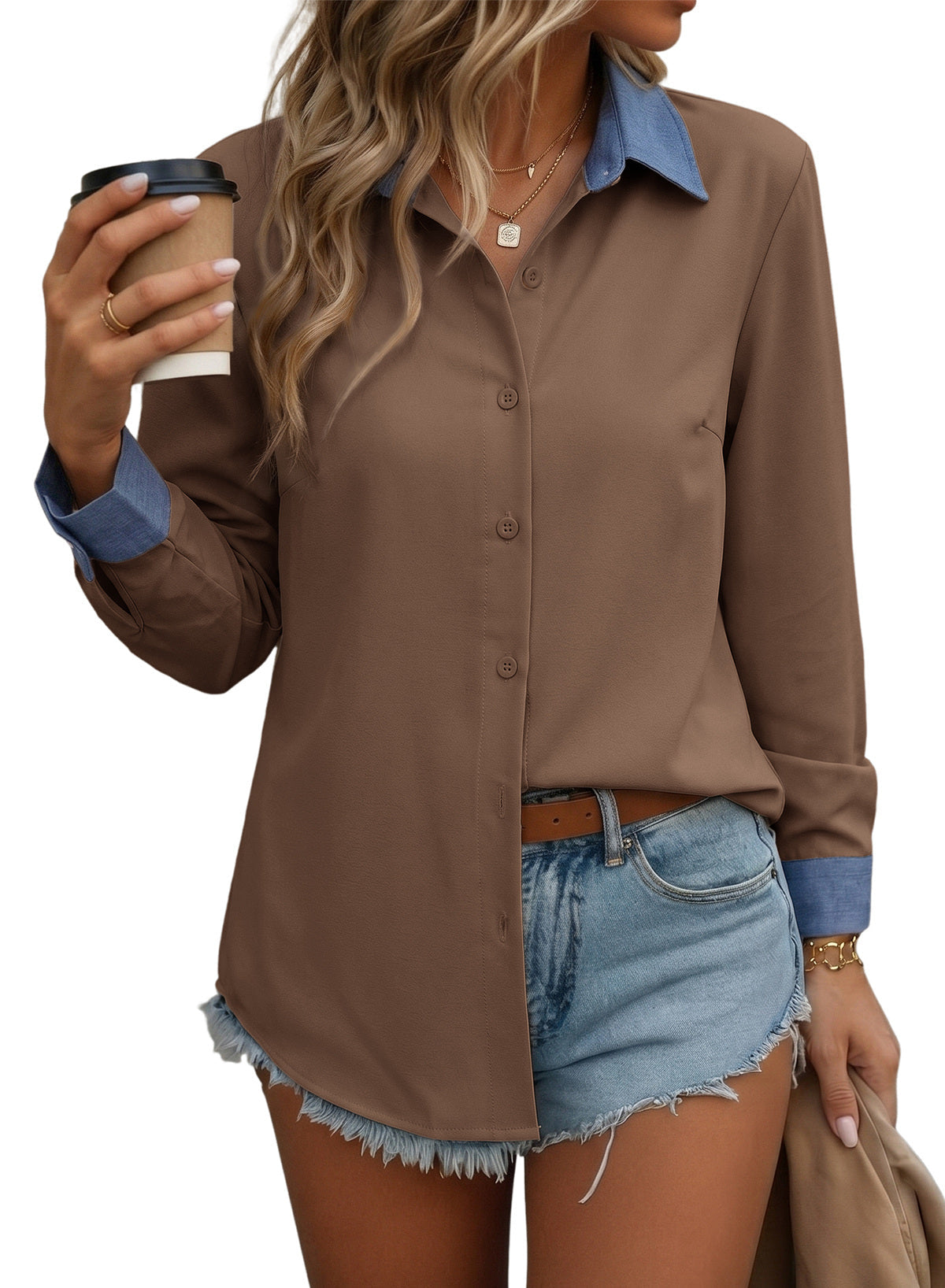 Dokotoo Button Down Shirts for Women Long Sleeve Denim Patchwork Tops