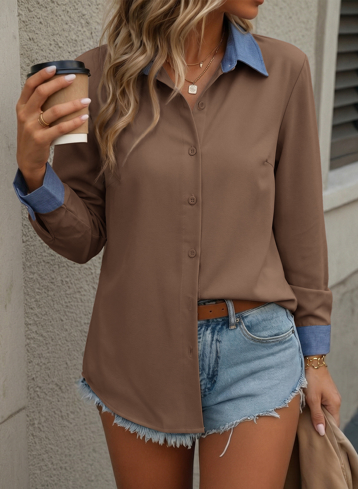 Dokotoo Button Down Shirts for Women Long Sleeve Denim Patchwork Tops