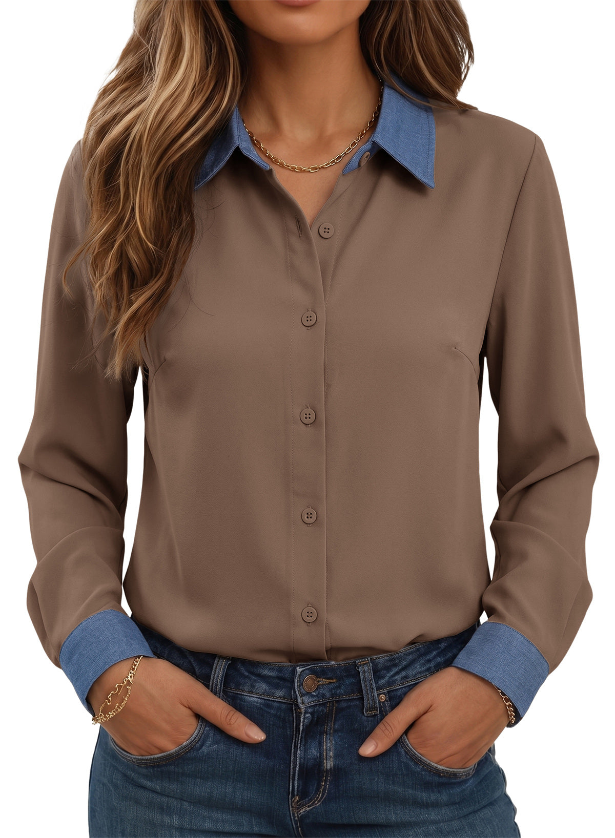 Dokotoo Button Down Shirts for Women Long Sleeve Denim Patchwork Tops