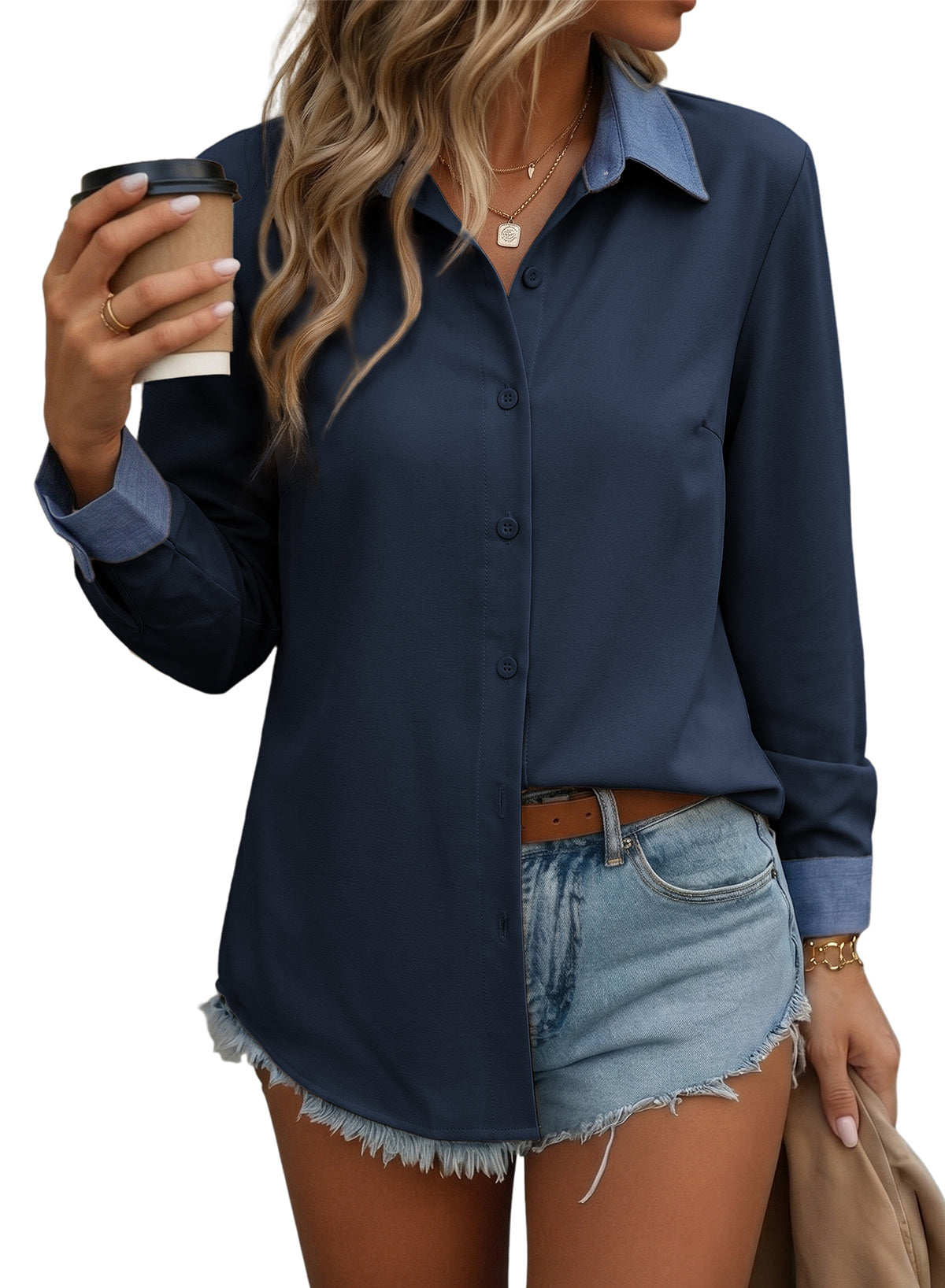 Dokotoo Button Down Shirts for Women Long Sleeve Denim Patchwork Tops