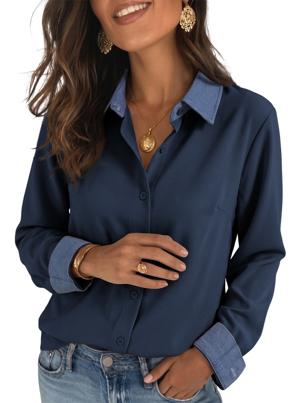 Dokotoo Button Down Shirts for Women Long Sleeve Denim Patchwork Tops
