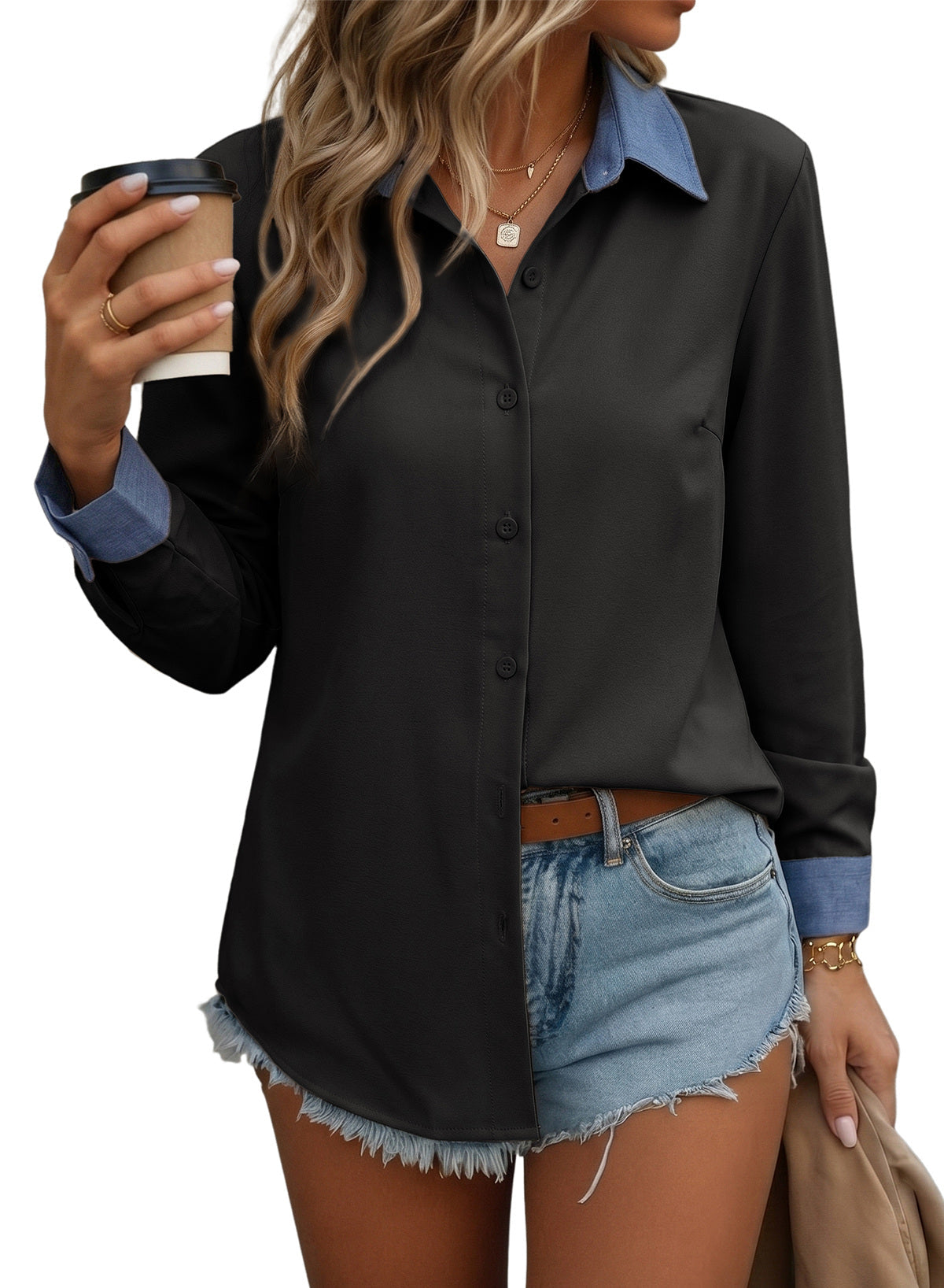 Dokotoo Button Down Shirts for Women Long Sleeve Denim Patchwork Tops