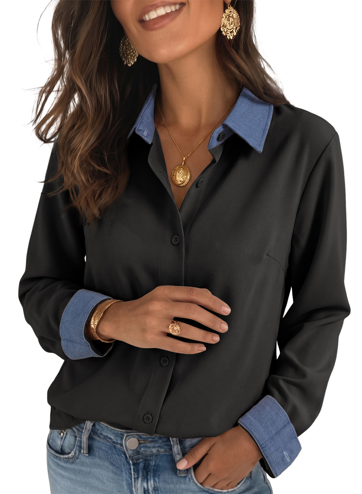 Dokotoo Button Down Shirts for Women Long Sleeve Denim Patchwork Tops