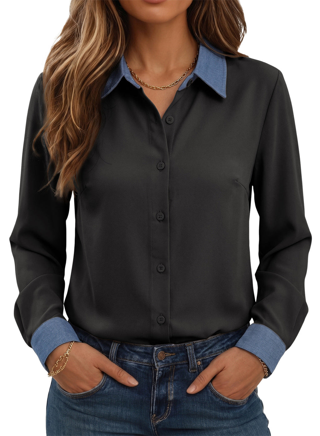 Dokotoo Button Down Shirts for Women Long Sleeve Denim Patchwork Tops