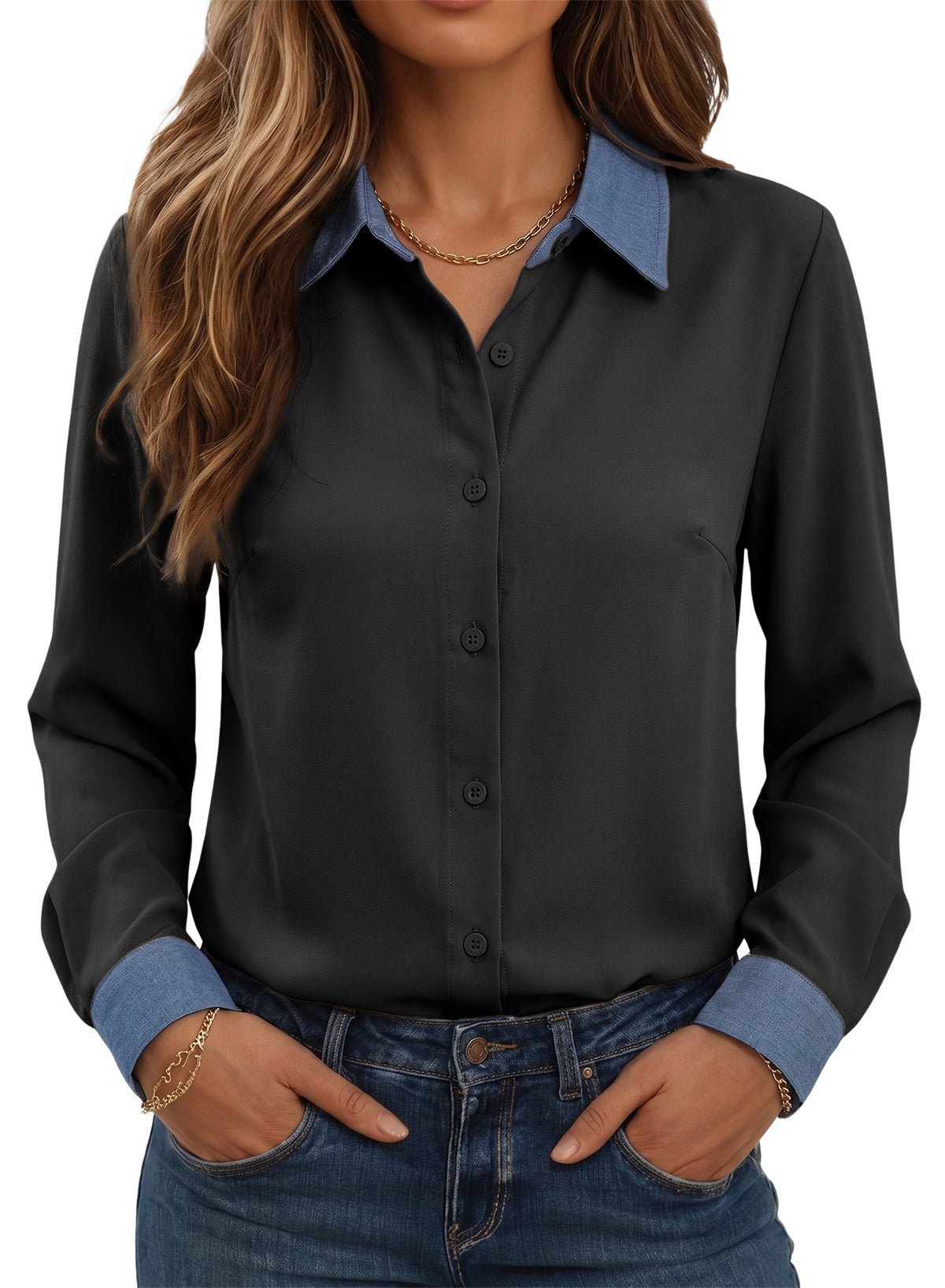 Dokotoo Button Down Shirts for Women Long Sleeve Denim Patchwork Tops