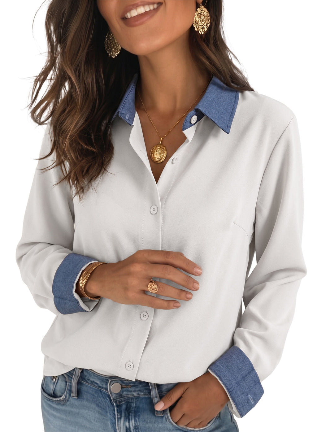 Dokotoo Button Down Shirts for Women Long Sleeve Denim Patchwork Tops