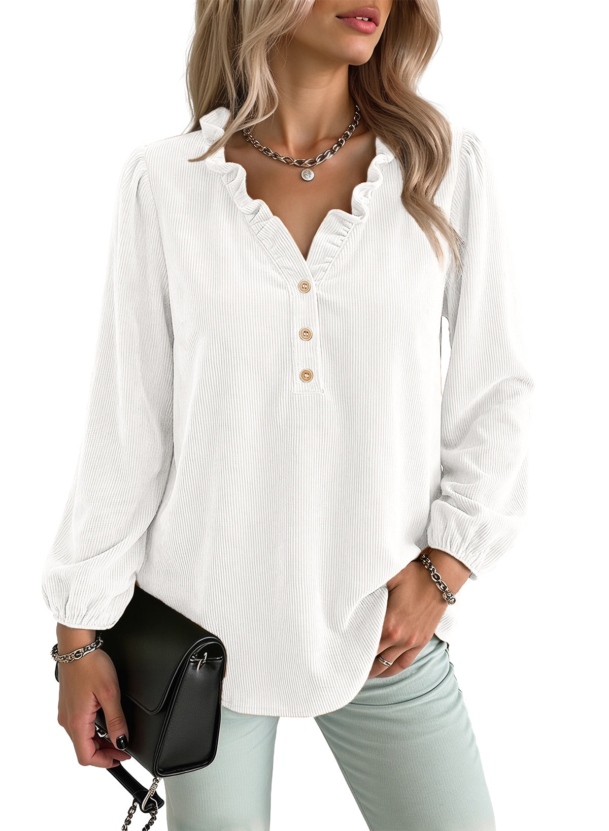 Dokotoo Womens Tops Ruffle V Neck Button Long Sleeve Shirts for Women