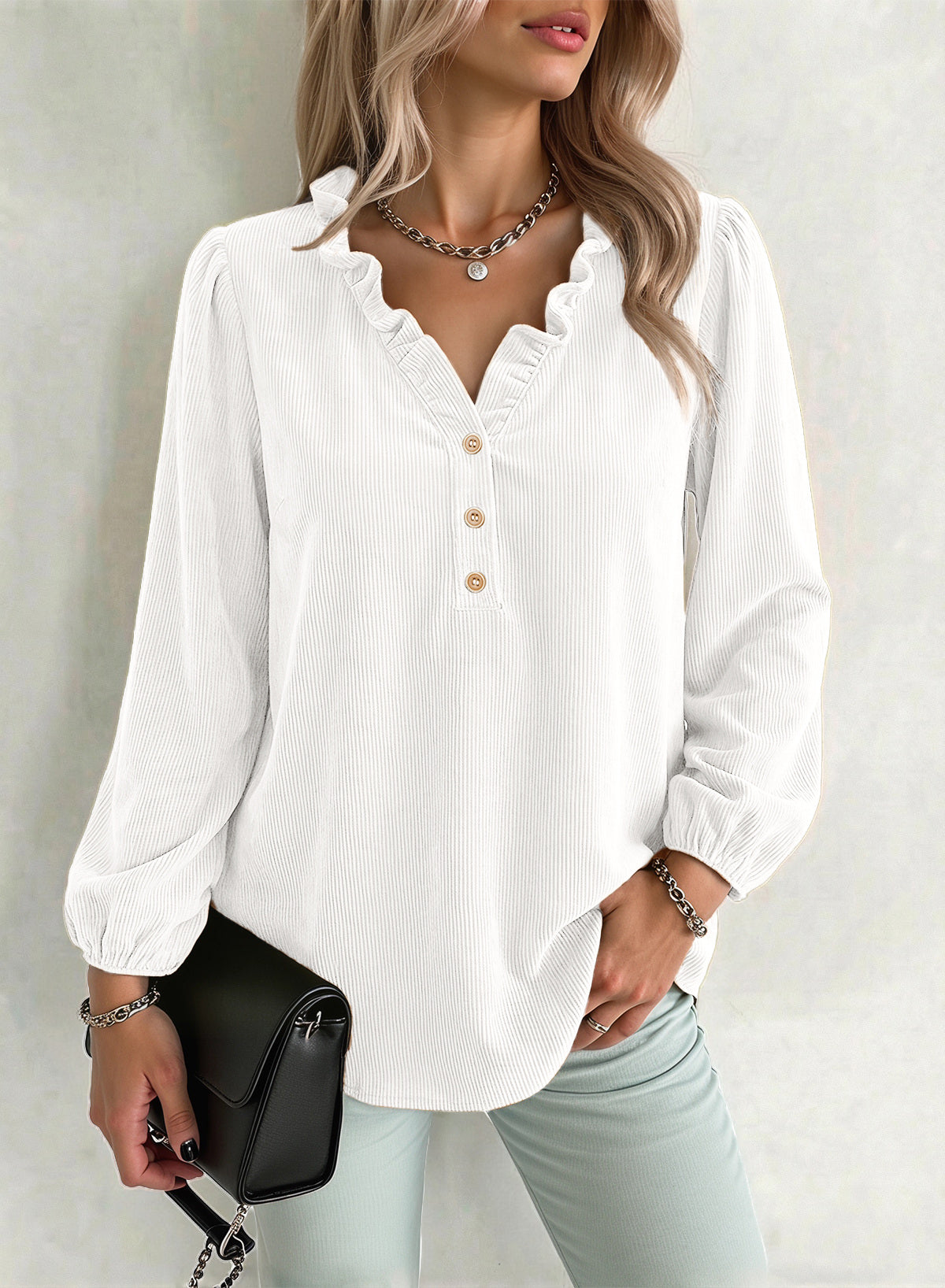 Dokotoo Womens Tops Ruffle V Neck Button Long Sleeve Shirts for Women