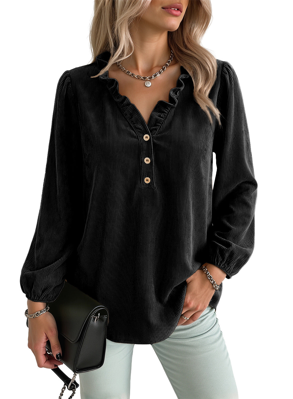 Dokotoo Womens Tops Ruffle V Neck Button Long Sleeve Shirts for Women