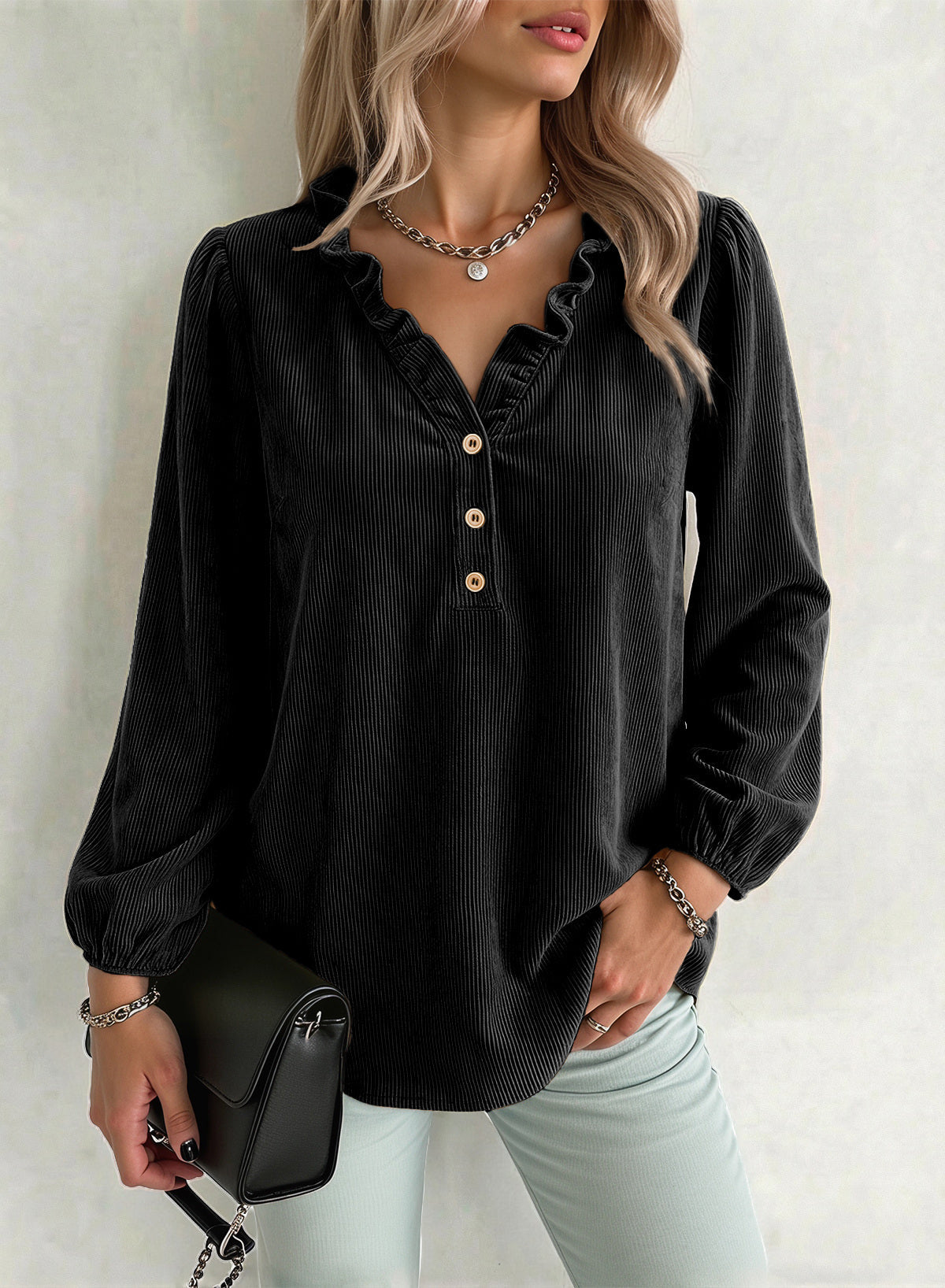 Dokotoo Womens Tops Ruffle V Neck Button Long Sleeve Shirts for Women