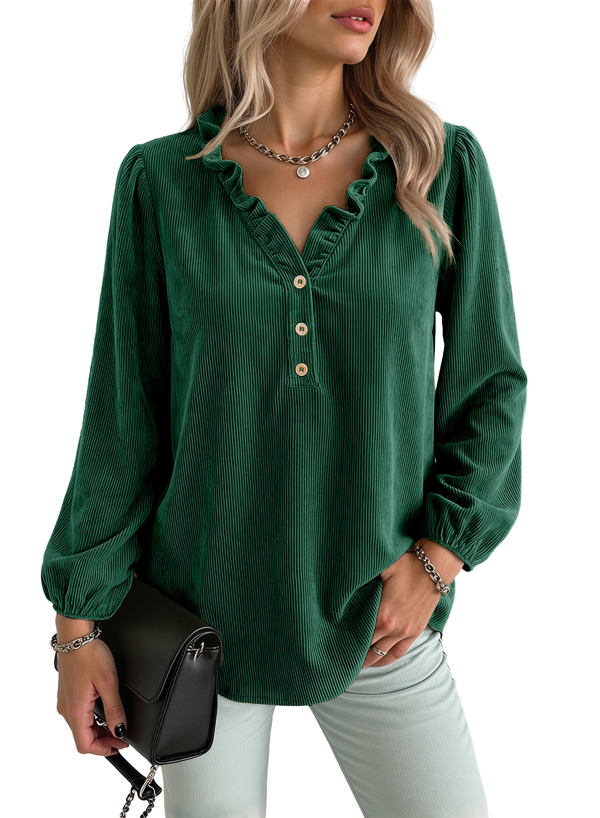 Dokotoo Womens Tops Ruffle V Neck Button Long Sleeve Shirts for Women