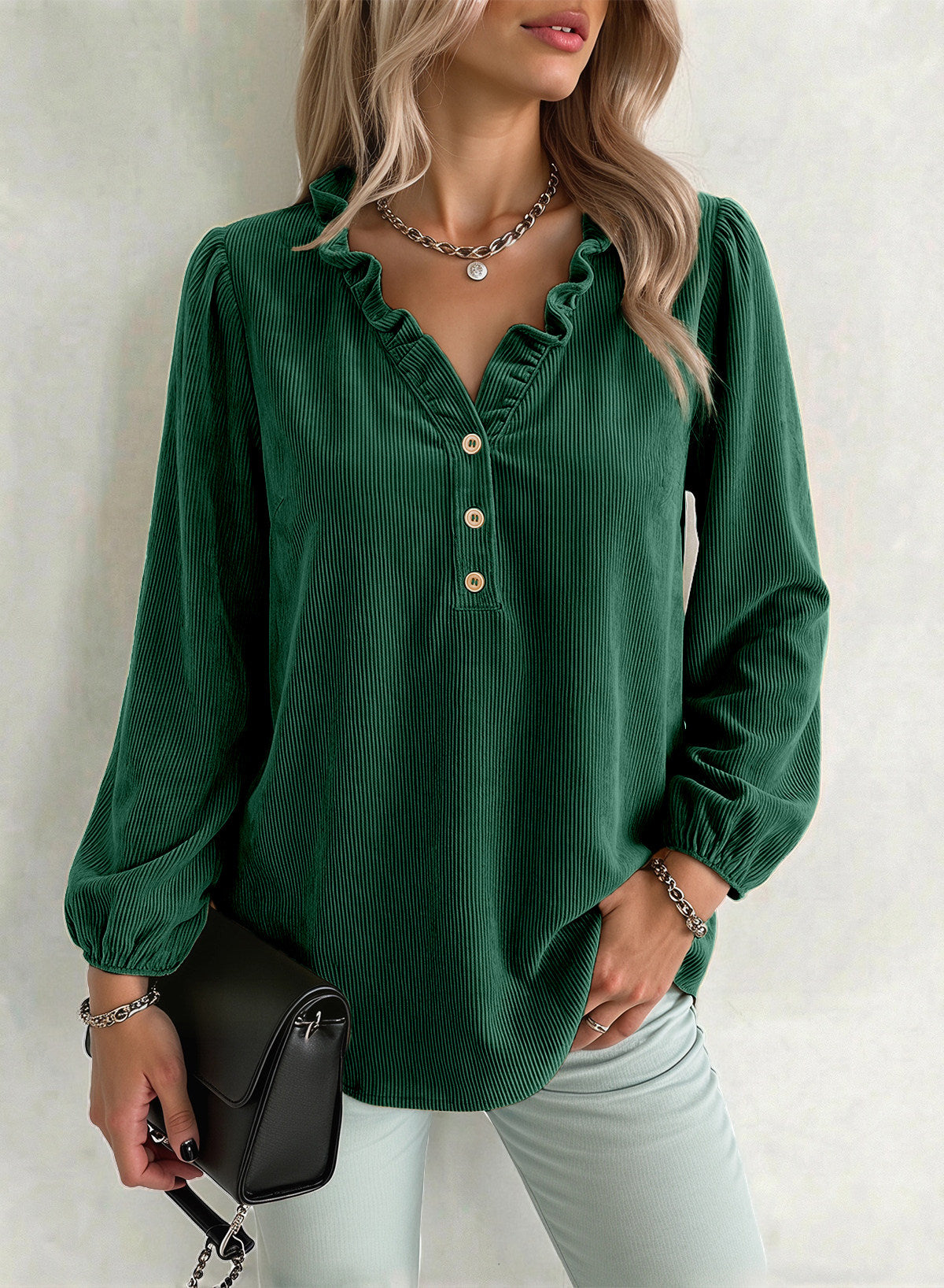 Dokotoo Womens Tops Ruffle V Neck Button Long Sleeve Shirts for Women
