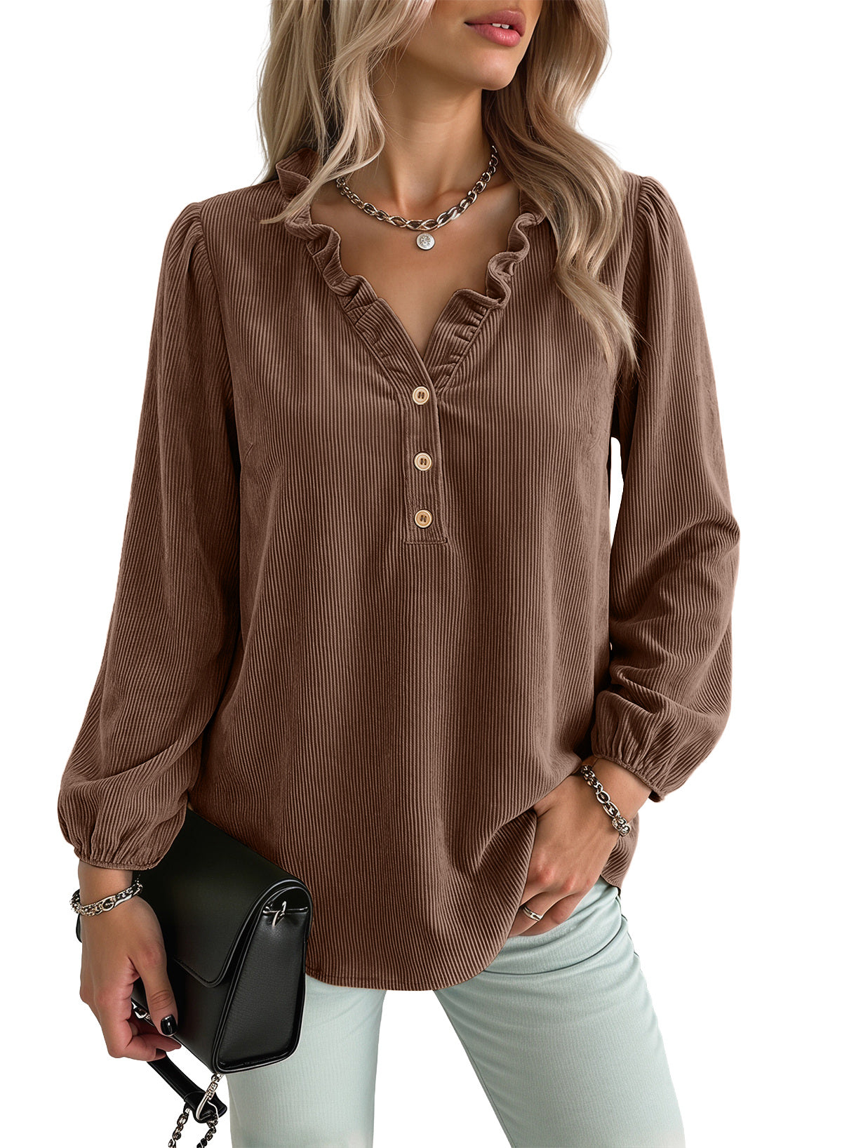 Dokotoo Womens Tops Ruffle V Neck Button Long Sleeve Shirts for Women