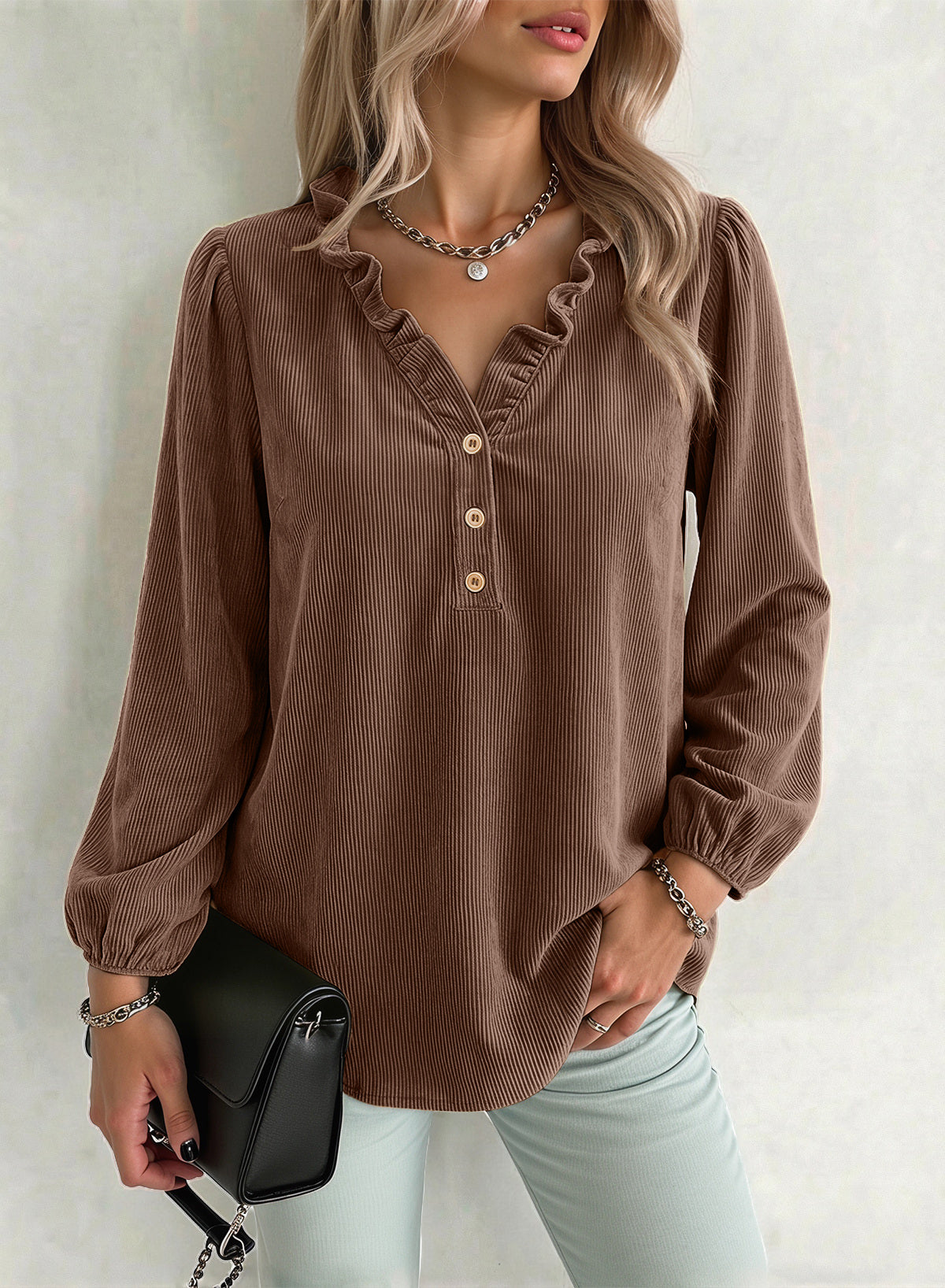 Dokotoo Womens Tops Ruffle V Neck Button Long Sleeve Shirts for Women