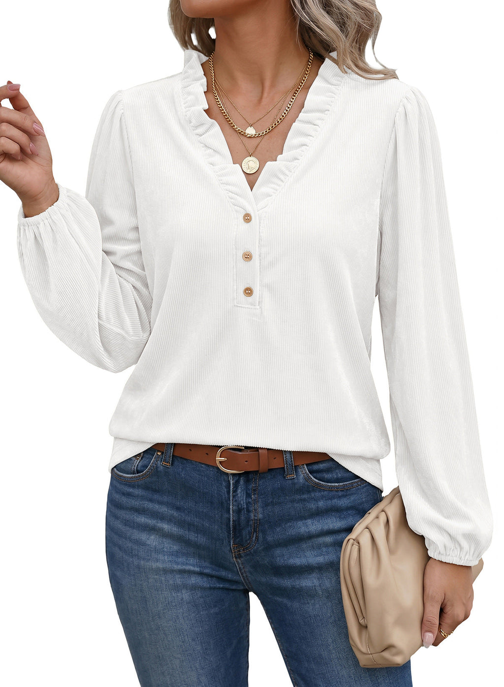 Dokotoo Womens Tops Ruffle V Neck Button Long Sleeve Shirts for Women
