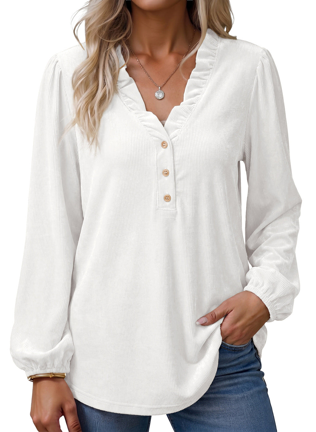 Dokotoo Womens Tops Ruffle V Neck Button Long Sleeve Shirts for Women