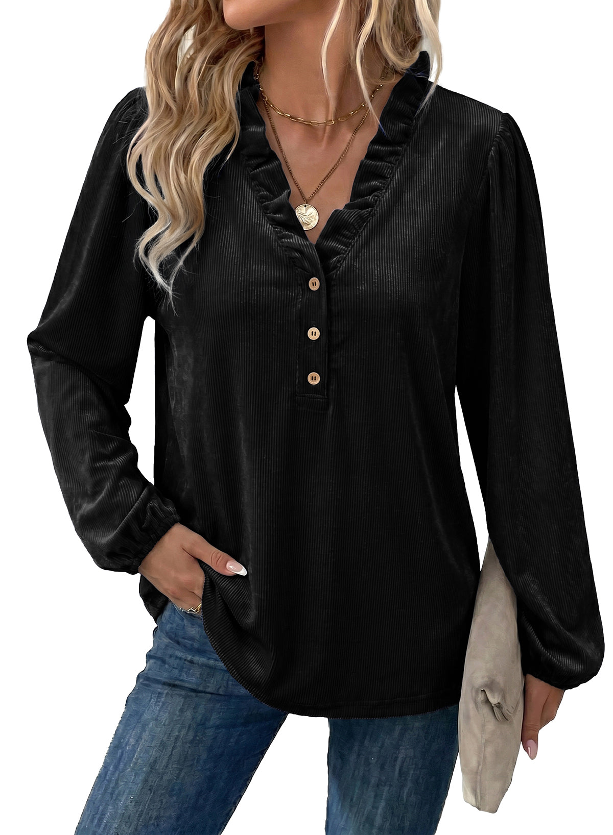 Dokotoo Womens Tops Ruffle V Neck Button Long Sleeve Shirts for Women