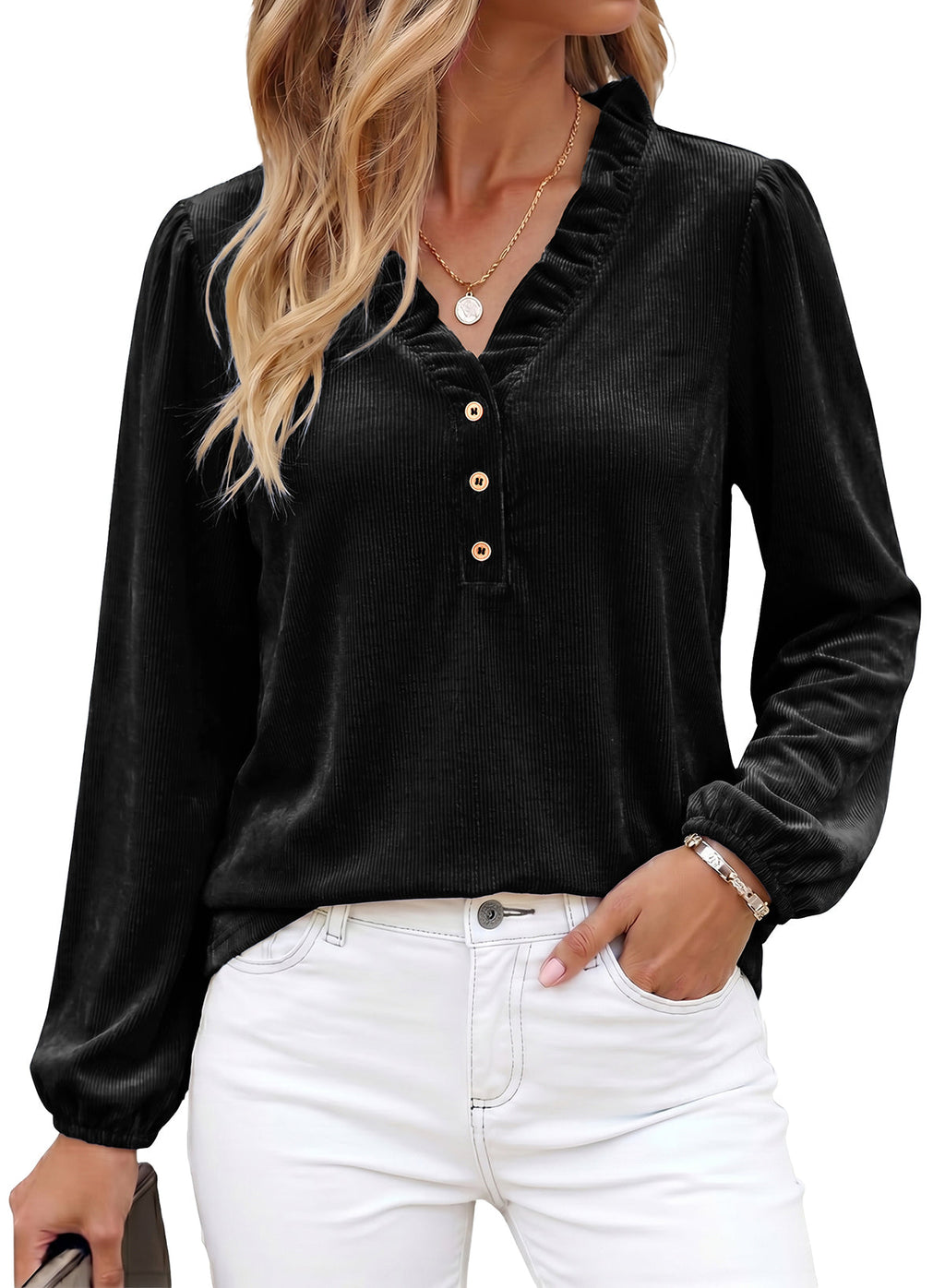 Dokotoo Womens Tops Ruffle V Neck Button Long Sleeve Shirts for Women