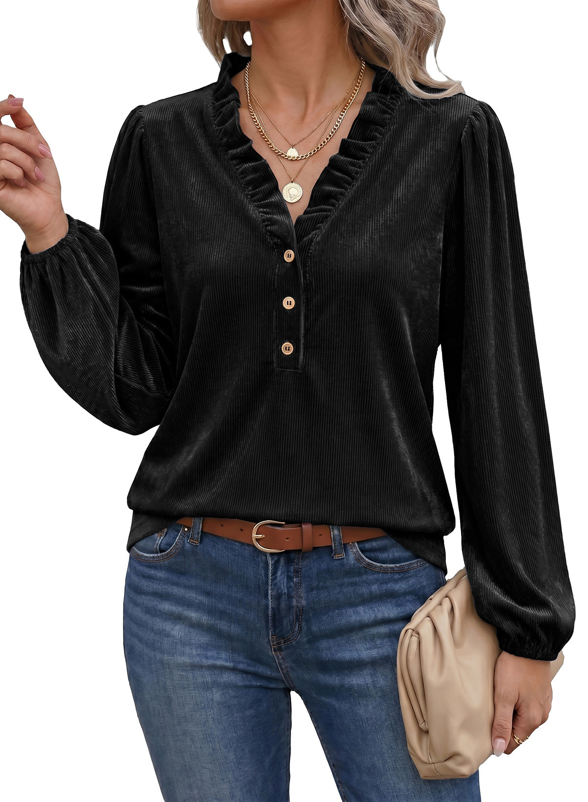 Dokotoo Womens Tops Ruffle V Neck Button Long Sleeve Shirts for Women