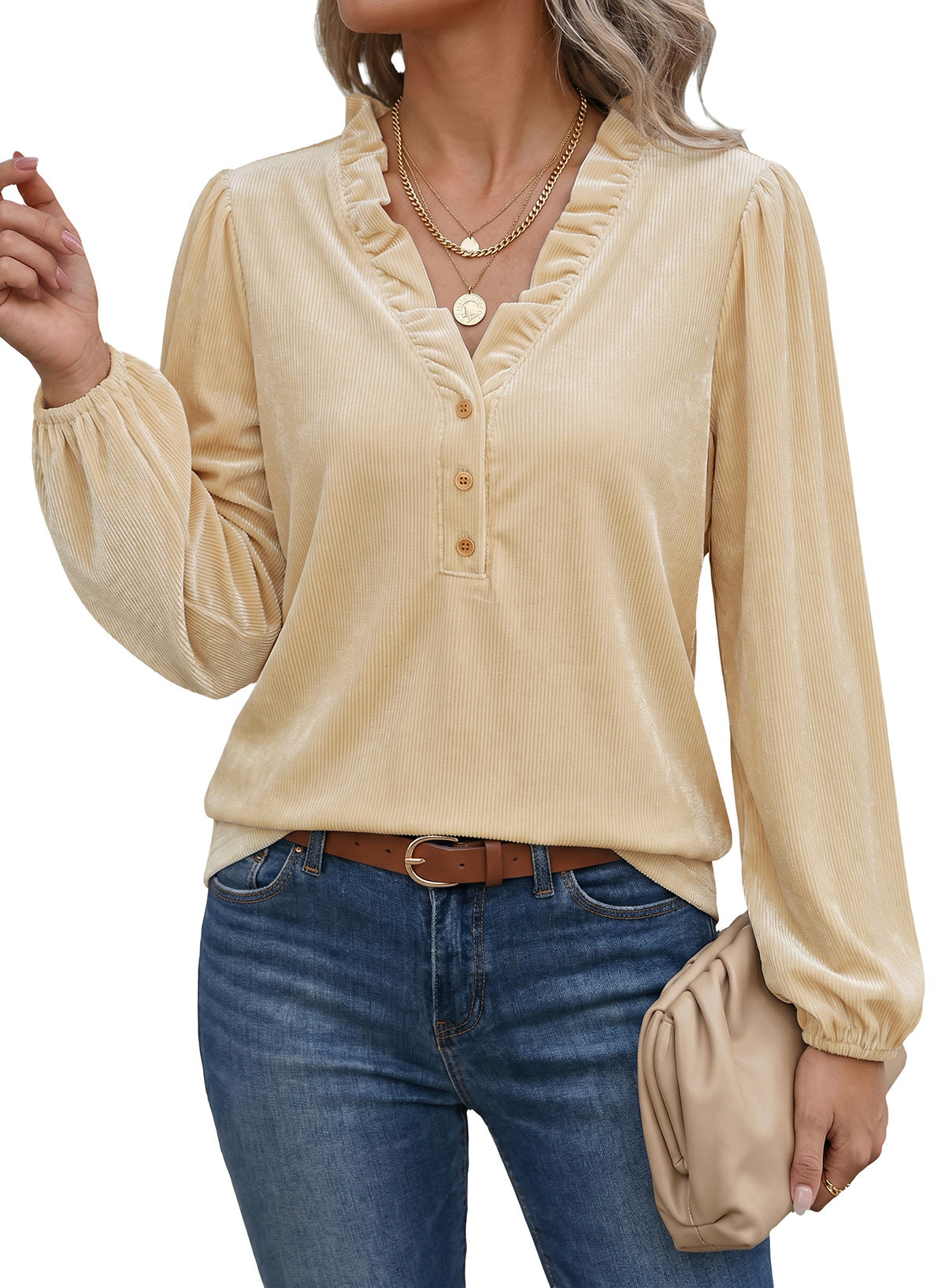 Dokotoo Womens Tops Ruffle V Neck Button Long Sleeve Shirts for Women