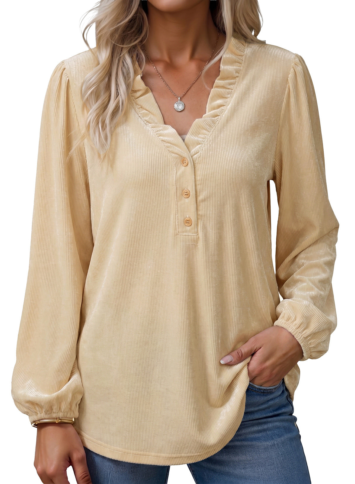 Dokotoo Womens Tops Ruffle V Neck Button Long Sleeve Shirts for Women