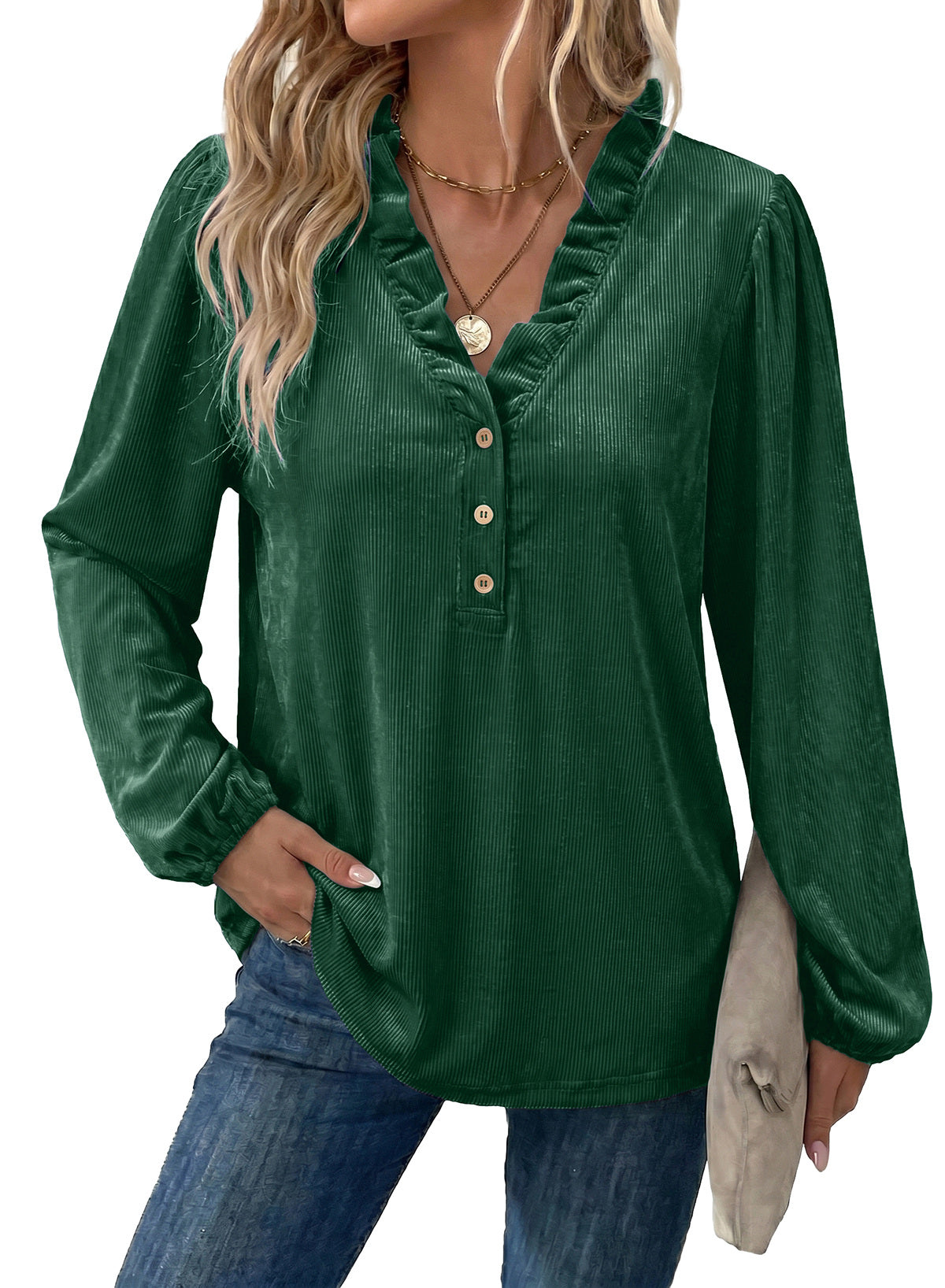 Dokotoo Womens Tops Ruffle V Neck Button Long Sleeve Shirts for Women