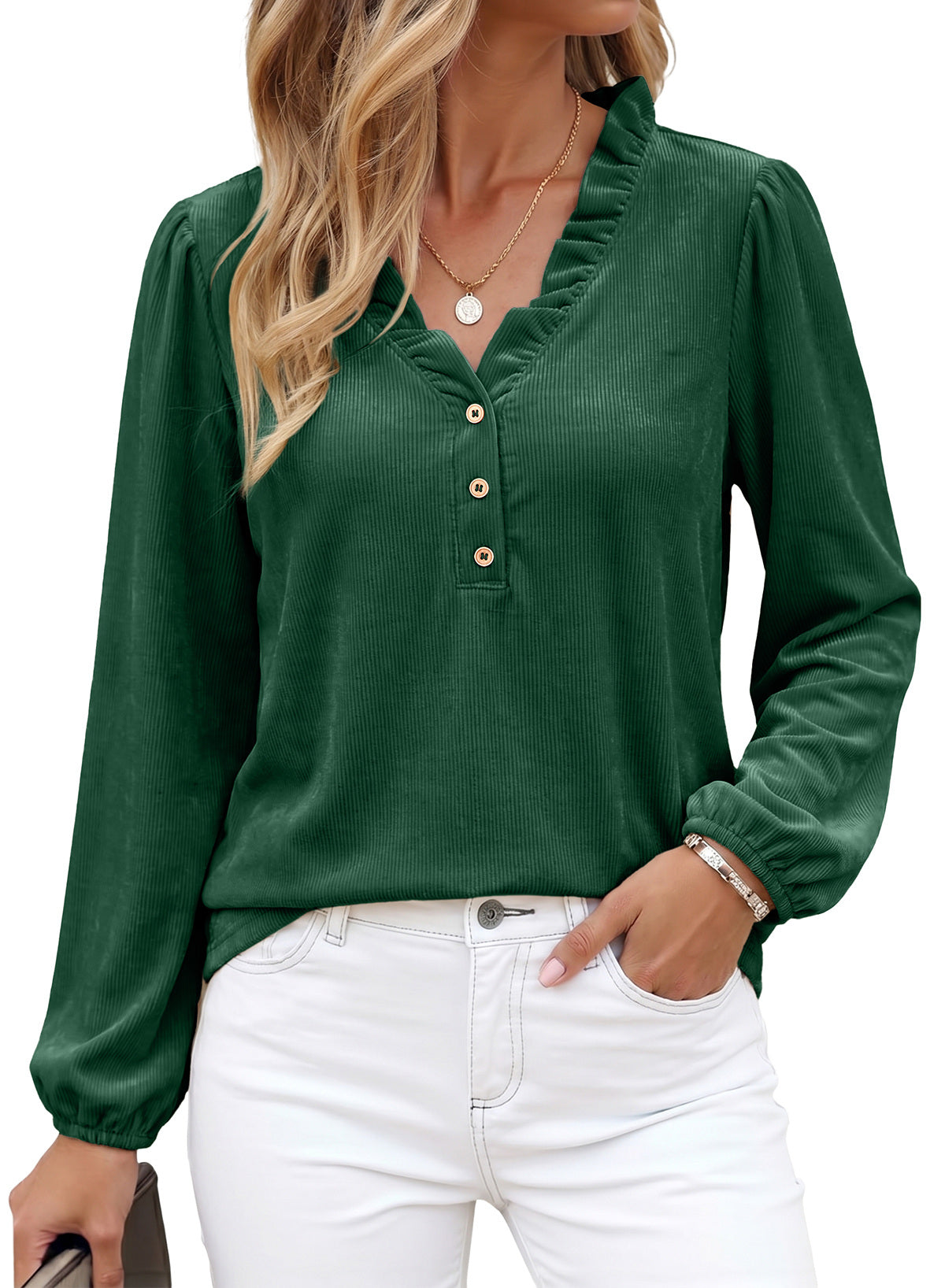 Dokotoo Womens Tops Ruffle V Neck Button Long Sleeve Shirts for Women