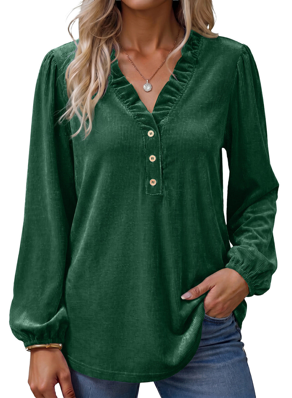 Dokotoo Womens Tops Ruffle V Neck Button Long Sleeve Shirts for Women