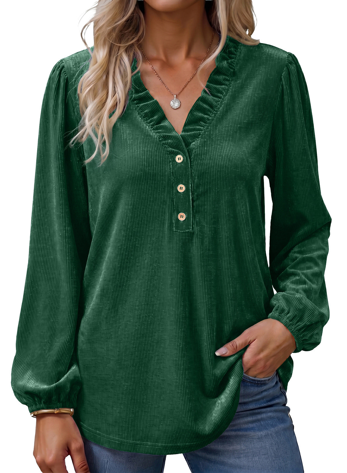Dokotoo Womens Tops Ruffle V Neck Button Long Sleeve Shirts for Women