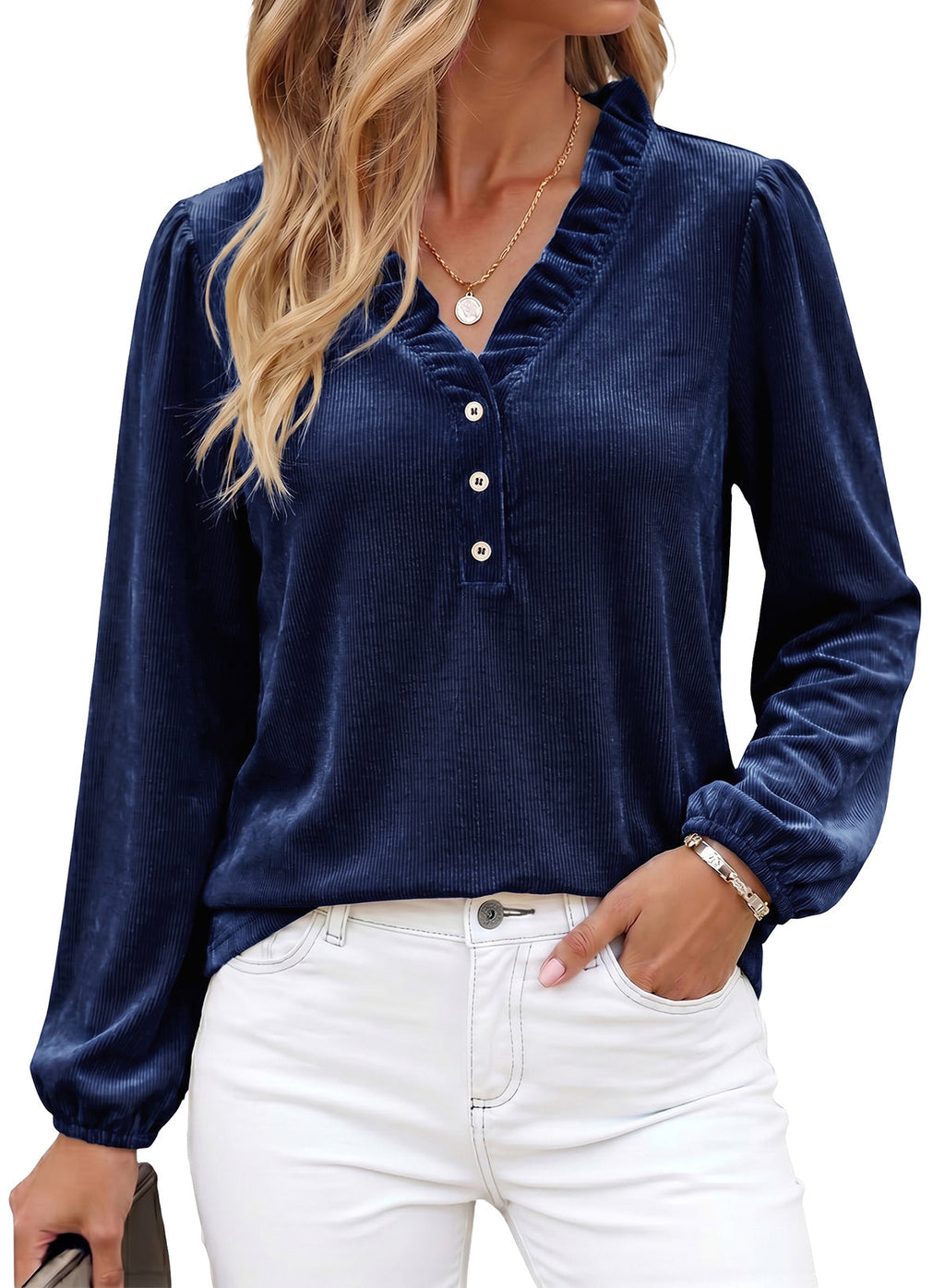 Dokotoo Womens Tops Ruffle V Neck Button Long Sleeve Shirts for Women