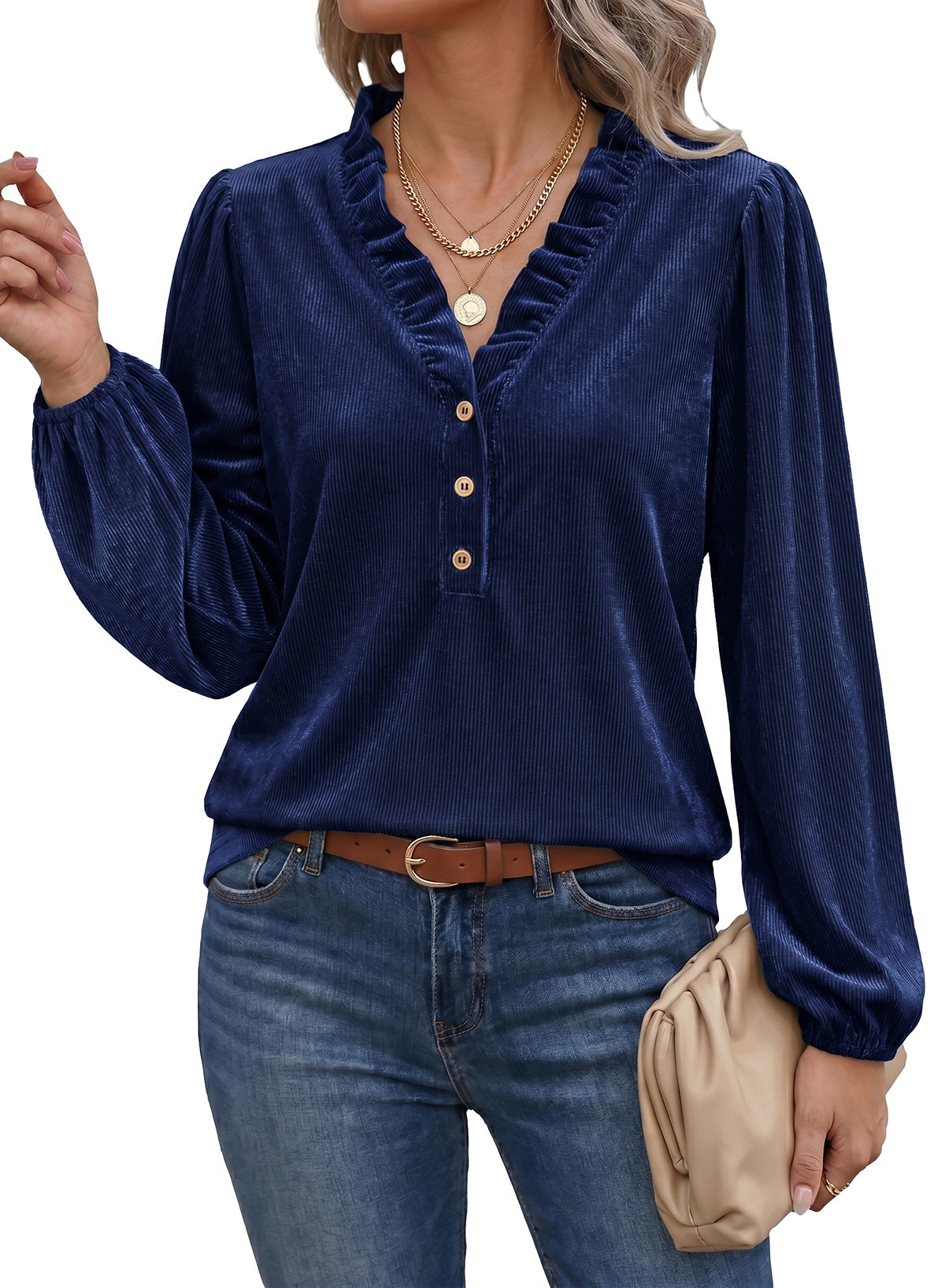 Dokotoo Womens Tops Ruffle V Neck Button Long Sleeve Shirts for Women