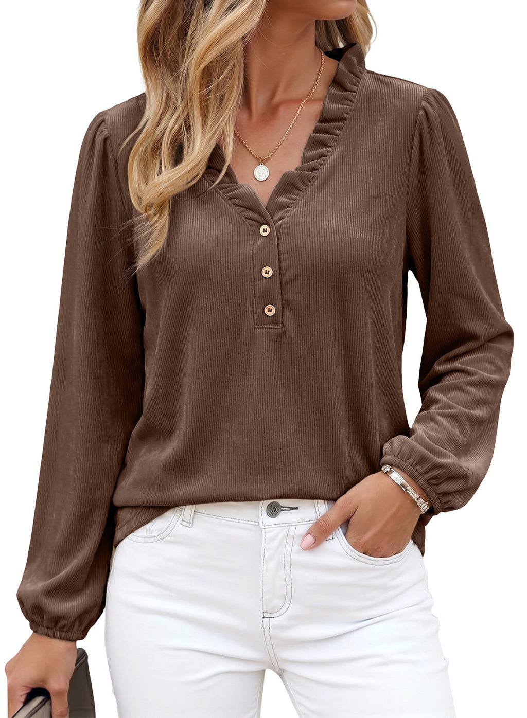 Dokotoo Womens Tops Ruffle V Neck Button Long Sleeve Shirts for Women