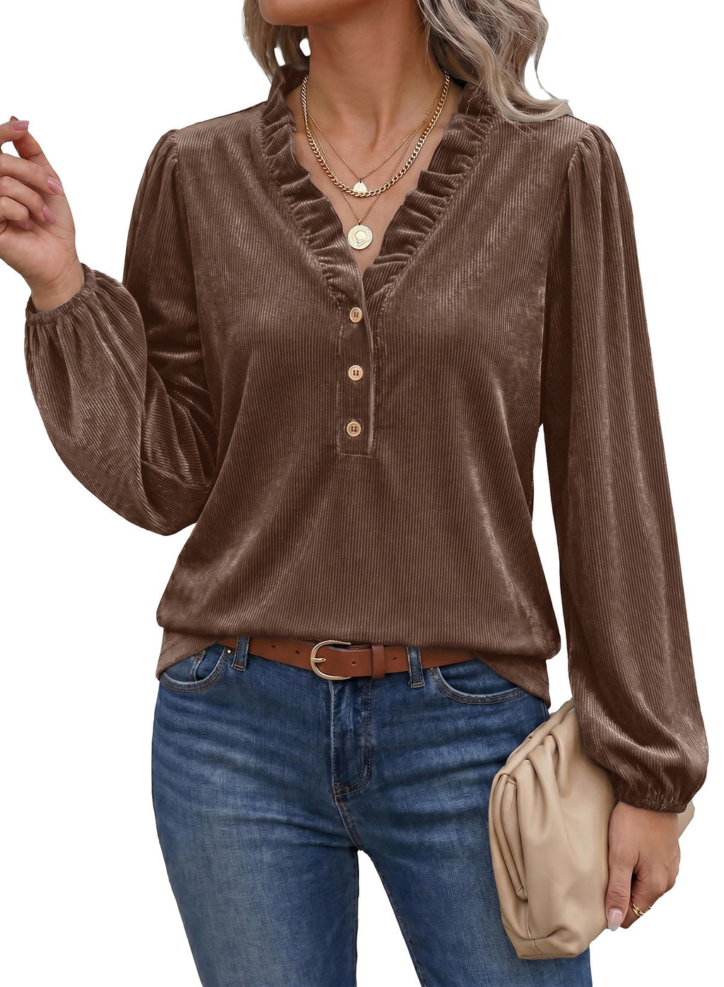 Dokotoo Womens Tops Ruffle V Neck Button Long Sleeve Shirts for Women