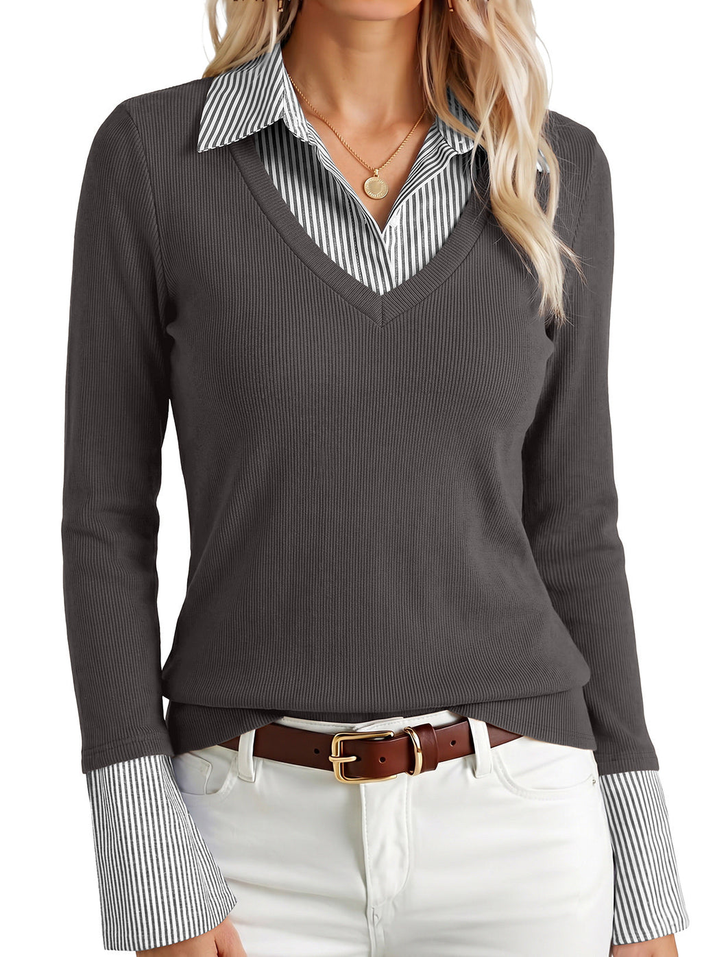 Dokotoo Womens Long Sleeve Polo Shirts Striped Collar Ribbed Knit Fit Tops