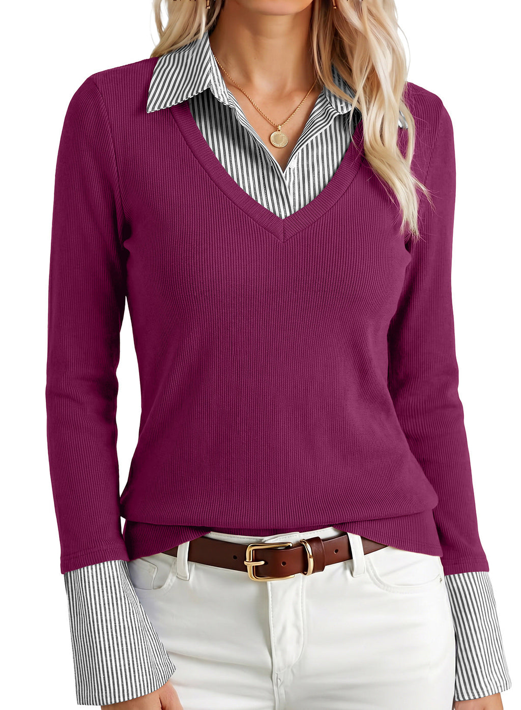 Dokotoo Womens Long Sleeve Polo Shirts Striped Collar Ribbed Knit Fit Tops