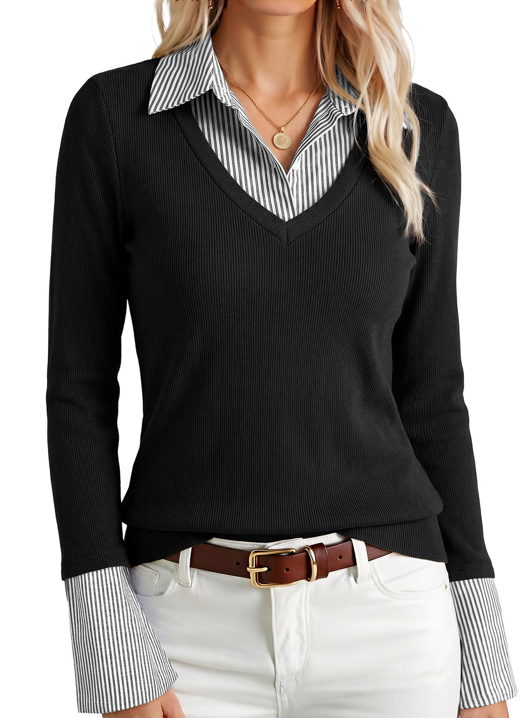 Dokotoo Womens Long Sleeve Polo Shirts Striped Collar Ribbed Knit Fit Tops