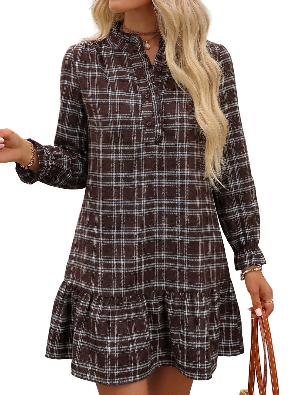 Dokotoo Fall Dresses for Women Long Sleeve Ruffled Button Down Plaid Dress