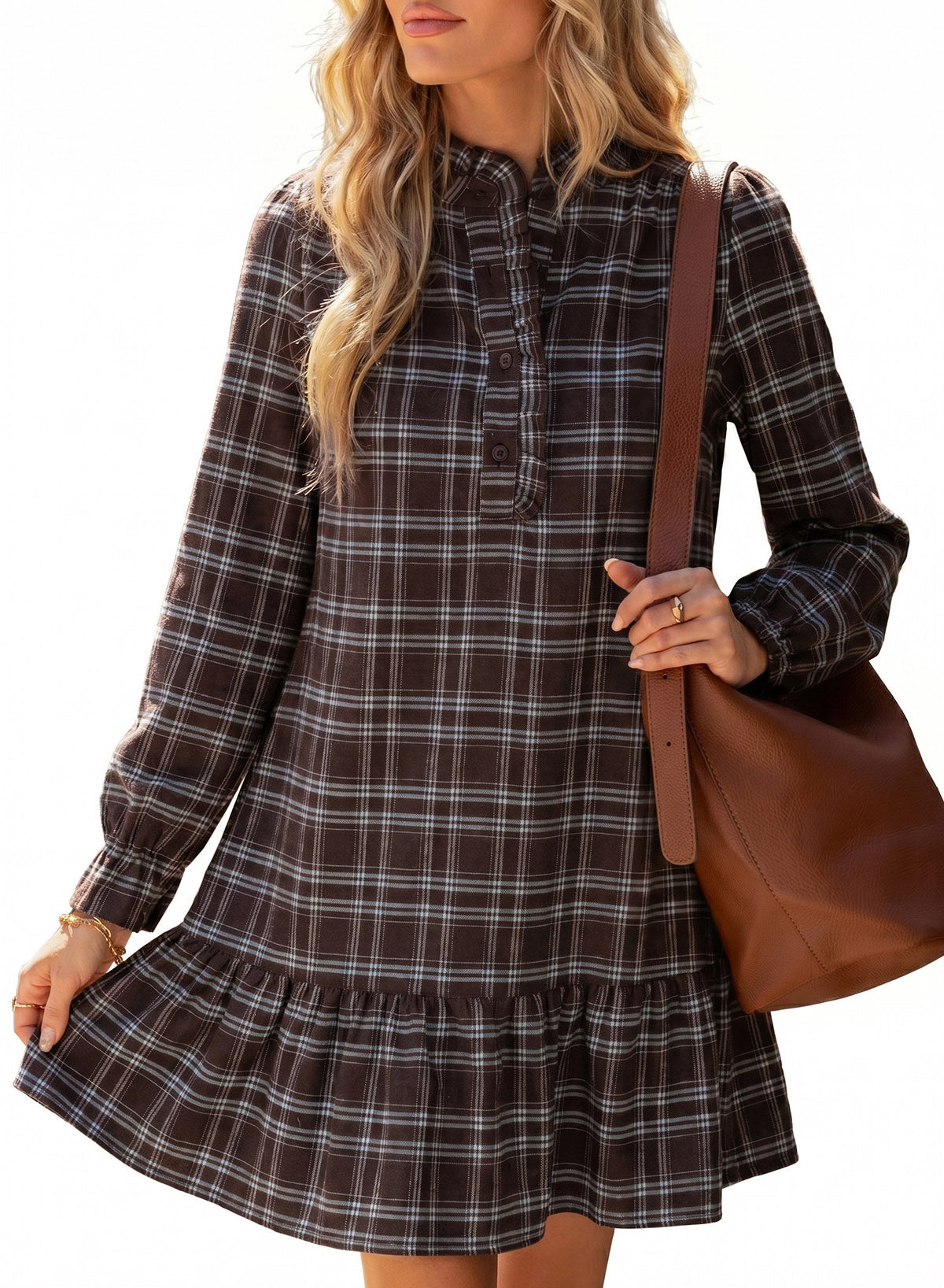 Dokotoo Fall Dresses for Women Long Sleeve Ruffled Button Down Plaid Dress