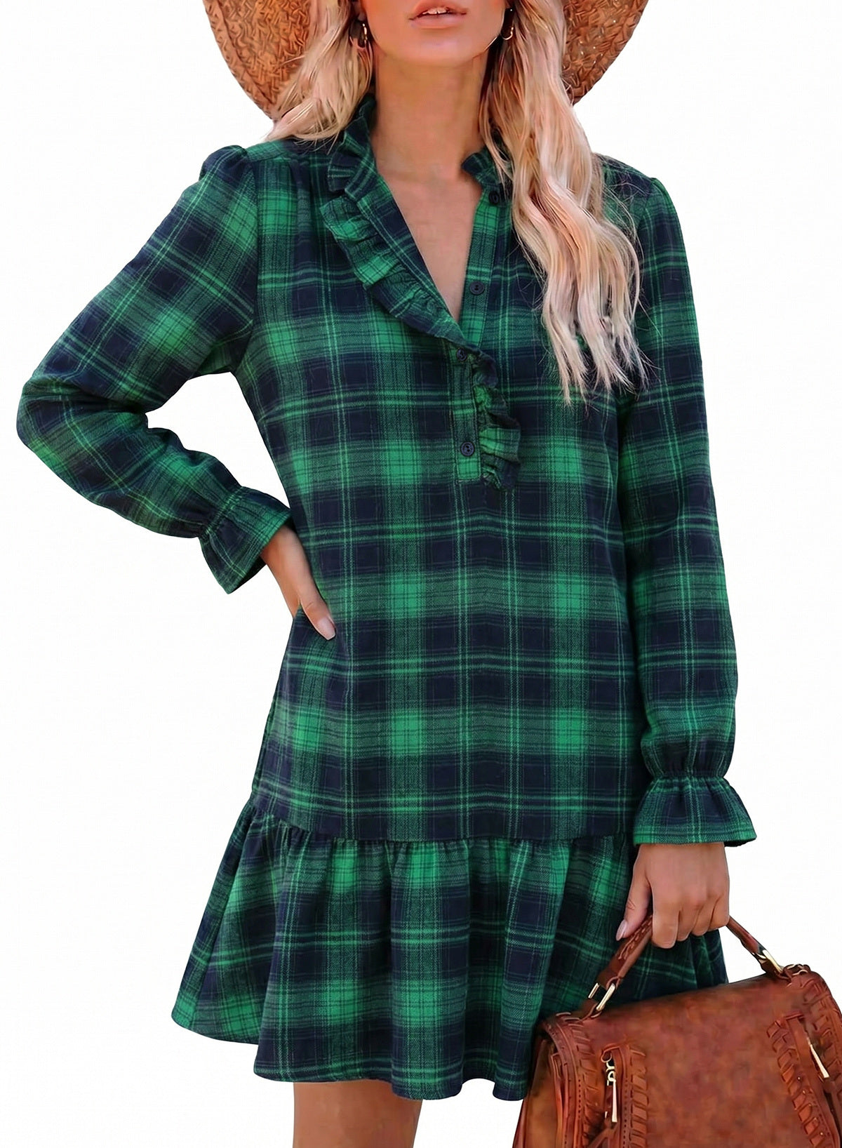 Dokotoo Fall Dresses for Women Long Sleeve Ruffled Button Down Plaid Dress