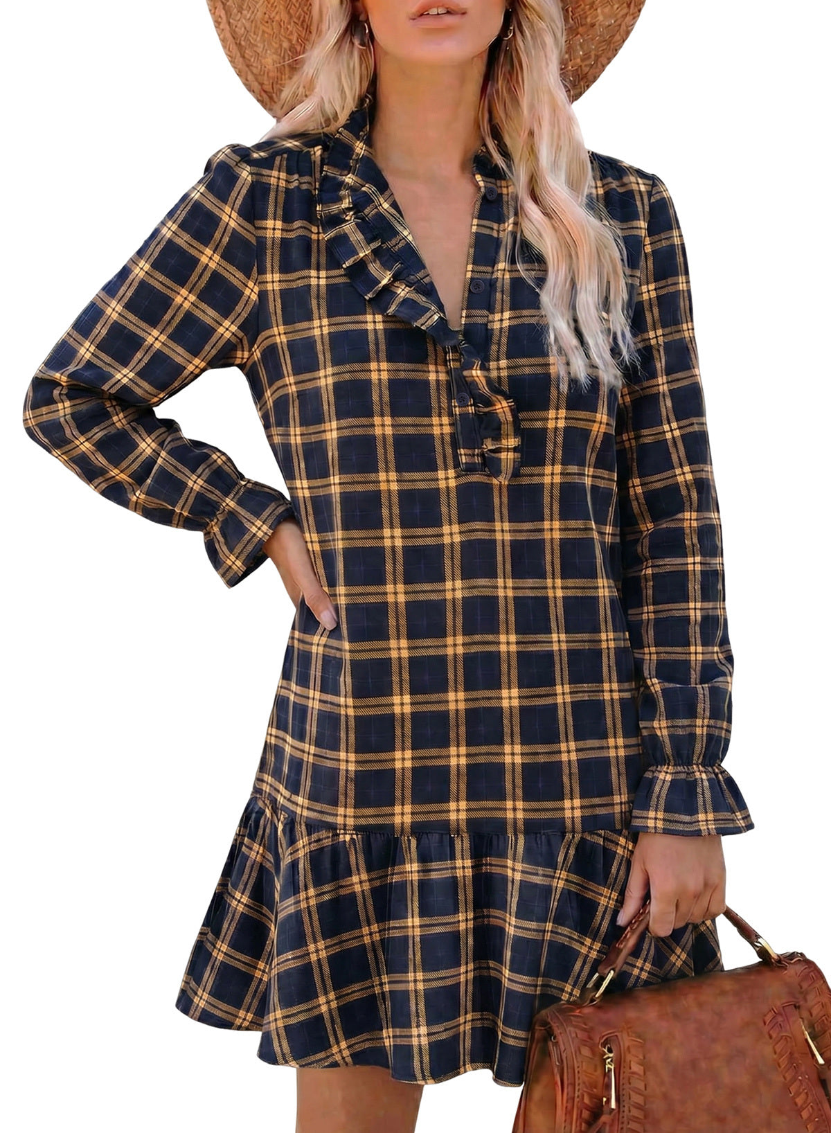 Dokotoo Fall Dresses for Women Long Sleeve Ruffled Button Down Plaid Dress