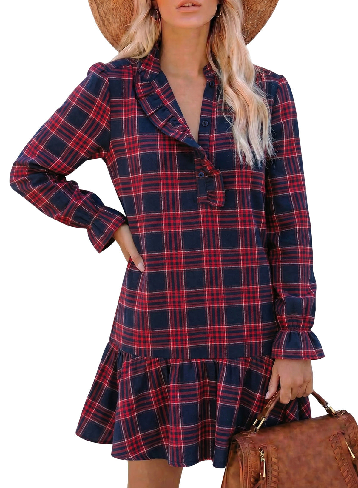 Dokotoo Fall Dresses for Women Long Sleeve Ruffled Button Down Plaid Dress