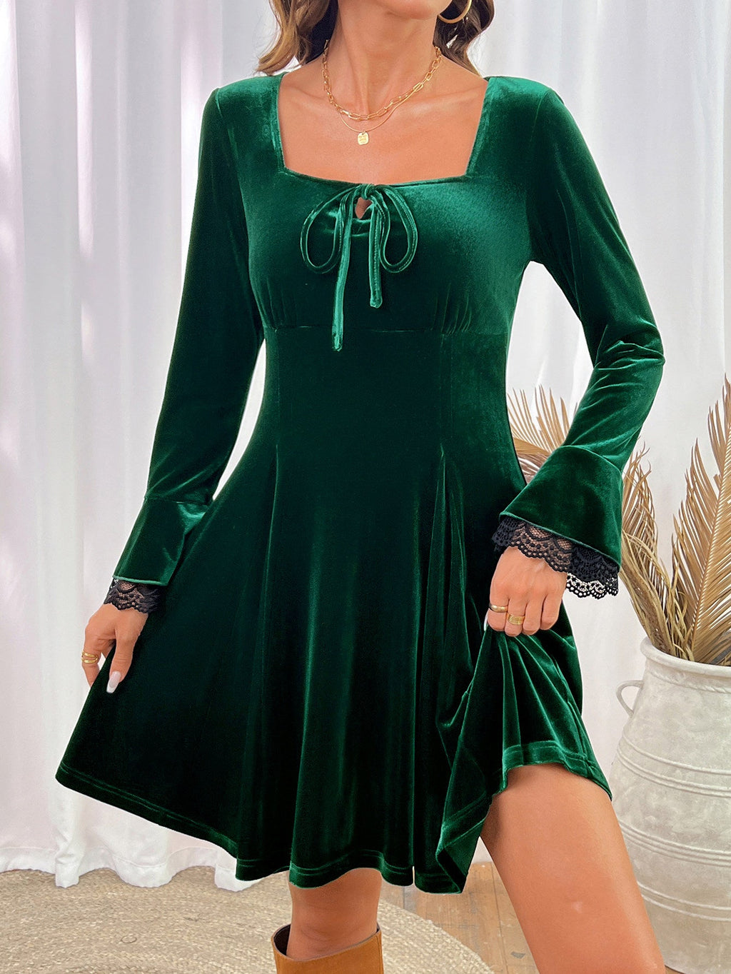 Dokotoo Womens Fall Dresses Lace Long Sleeve Velvet Dress