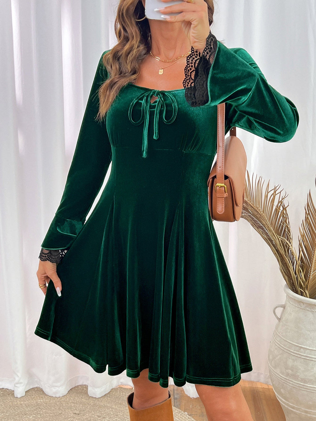 Dokotoo Womens Fall Dresses Lace Long Sleeve Velvet Dress