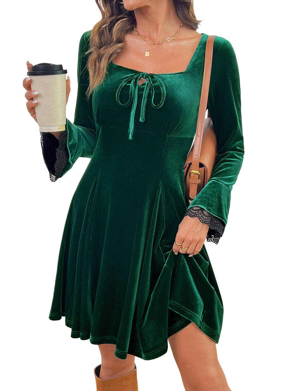 Dokotoo Womens Fall Dresses Lace Long Sleeve Velvet Dress
