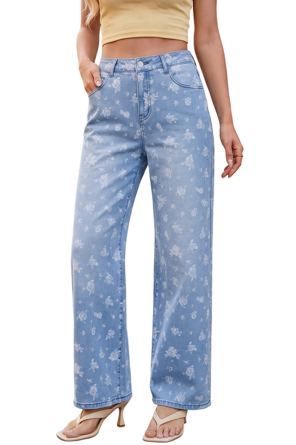 Dokotoo Women's Wide Leg Jeans Floral Print Baggy Denim Pants with Pockets
