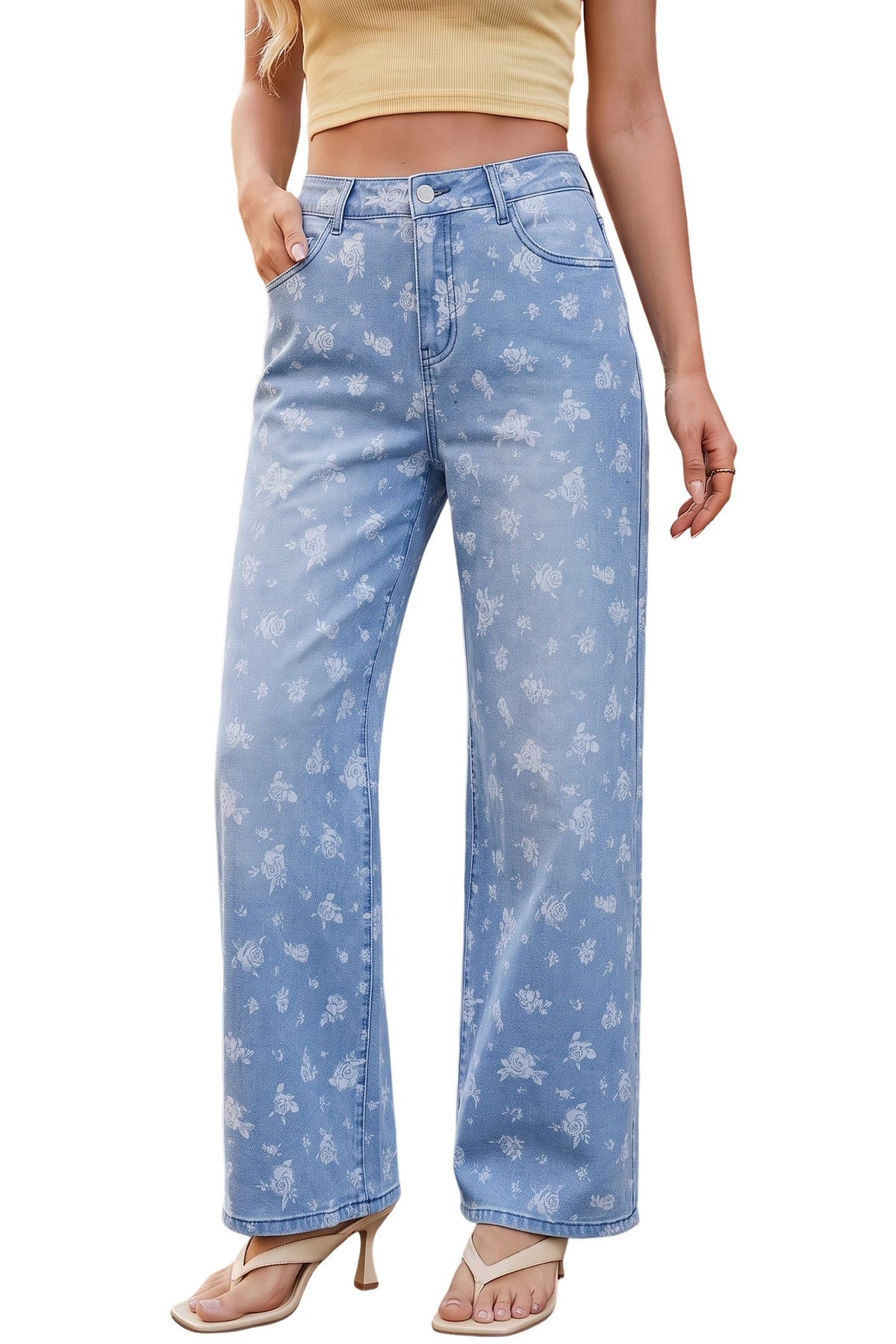 Dokotoo Women's Wide Leg Jeans Floral Print Baggy Denim Pants with Pockets